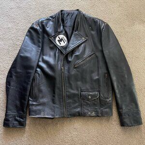 Men’s Motorcycle Biker Vintage Patch Krue Distressed Black Real Leather Jacket